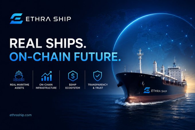 An advertisement for "ETHRA SHIP" features the tagline "REAL SHIPS. ON-CHAIN FUTURE." with icons representing Real Maritime Assets, On-Chain Infrastructure, $Ship Ecosystem, and Transparency & Trust, displaying the URL ethraship.com.