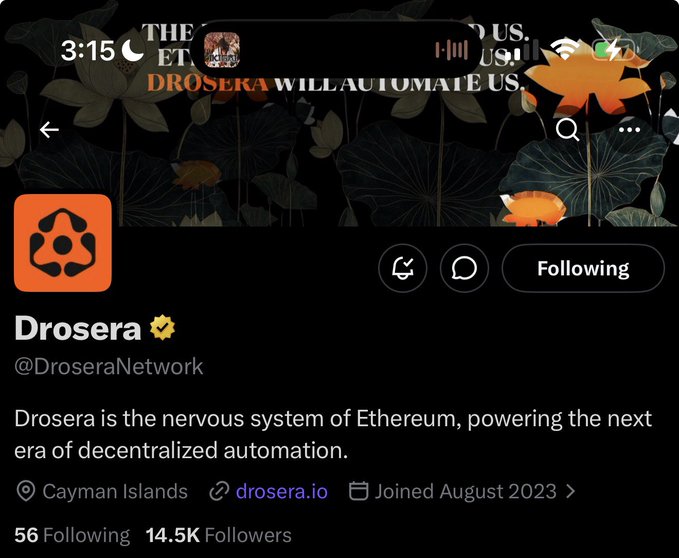 A Twitter/X profile page for Drosera (@DroseraNetwork) is shown, displaying their bio describing them as "the nervous system of Ethereum, powering the next era of decentralized automation," with 14.5K followers and a Cayman Islands location. The image serves as a humorous backdrop for the post about being "ghosted," implying someone vanished with the poster's money, much like disappearing from a crypto investment.