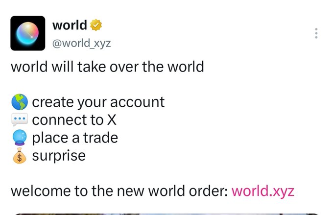 Screenshot of an X (formerly Twitter) post from the account 'world' (@world_xyz) with a verified gold checkmark, stating 'world will take over the world' along with a list of steps and 'welcome to the new world order: world.xyz'.