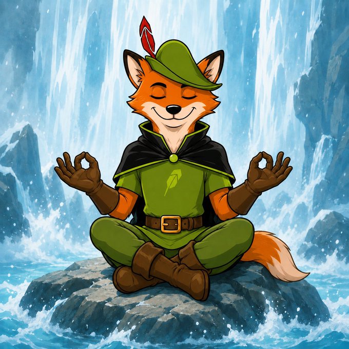 A cartoon fox dressed as Robin Hood meditates in a lotus pose atop a rock beneath a cascading waterfall, with hands forming the "OK" gesture—visually embodying the $FOX token mascot and its Robin Hood-inspired branding narrative.
