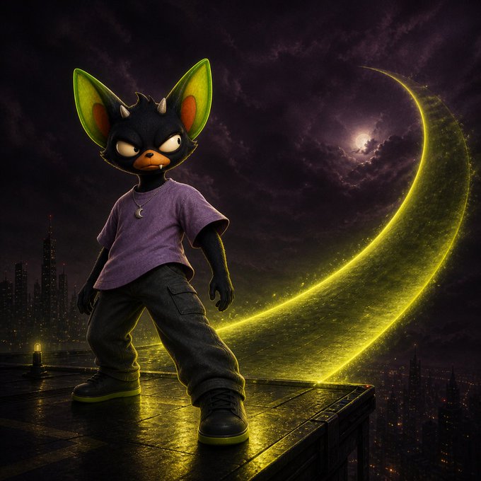 A stylized 3D character resembling a black cat or bat with glowing green ears, wearing a purple shirt, black pants, and boots, standing on a rooftop under a moonlit sky with a glowing green crescent shape.