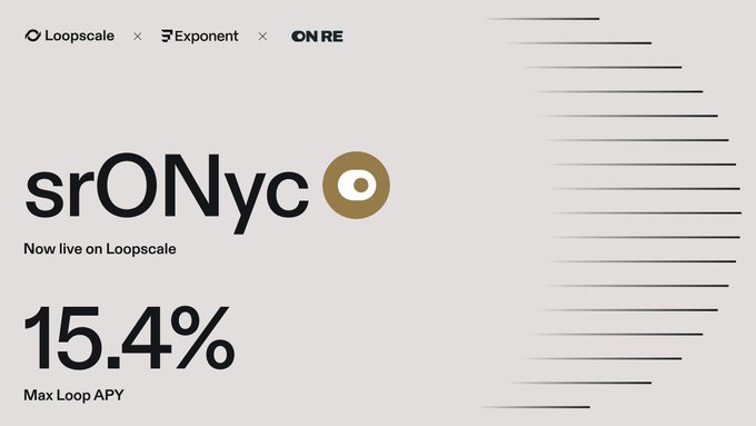 The image is a promotional graphic announcing that "srONyc — Now live on Loopscale" with a "Max Loop APY" of 15.4%, displayed alongside logos for Loopscale, Exponent, and ONRE, with a decorative gold circle and horizontal line accents on the right side.