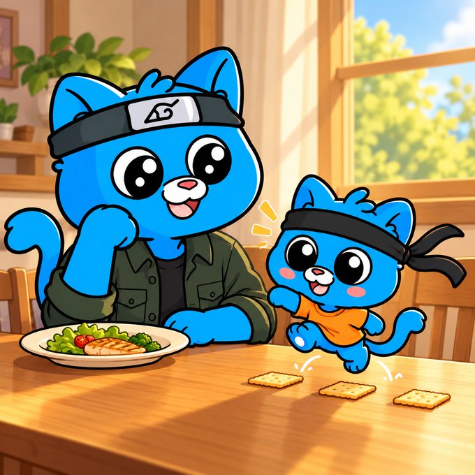 A cartoon illustration of two blue cats wearing ninja headbands, sitting at a wooden table with a plate of salad and crackers scattered nearby.