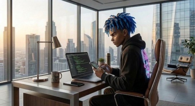 A young man with blue dreadlocks sits at a desk in a high-rise office, working on a laptop displaying code while checking his smartphone, with a city skyline visible through floor-to-ceiling windows.