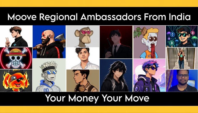 A promotional graphic titled "Moove Regional Ambassadors From India" with the tagline "Your Money Your Move" displays a collage of 12 diverse profile photos and avatars representing the ambassador team, complementing the post's announcement of being selected as one of Moove's regional ambassadors driving Web3 adoption in India.