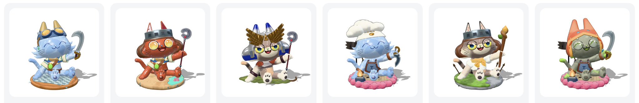 Six adorable Maneki Neko (lucky cat) figurines are displayed in a row, each styled as a different character including a samurai, pilot, wizard, chef, artist, and swordsman, showcasing the variety of custom avatars users can mint in the Manekora private beta.