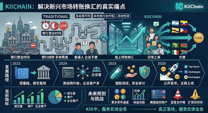 An infographic by KiiChain comparing traditional and modern currency exchange services, titled 'KIICHAIN: 解决新兴市场转账换汇的真实痛点', showing a development roadmap from 2023 to 2026.
