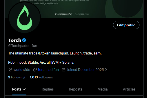 A Twitter/X profile for 'Torch' (@Torchpaddotfun), describing itself as 'The ultimate trade & token launchpad' supporting Robinhood, Stable, Arc, all EVM and Solana, with 1,013 followers.