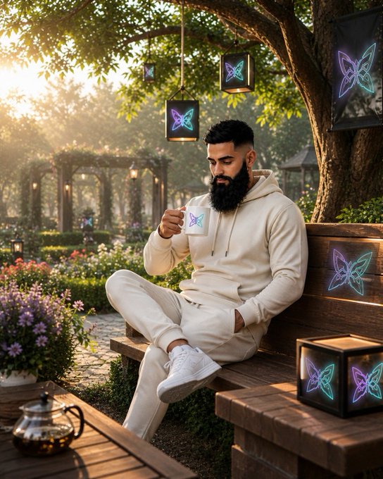 A bearded man in a cream tracksuit sits on a wooden bench in a sunlit garden drinking from a cup, with butterfly-themed neon signs and lanterns in the trees.