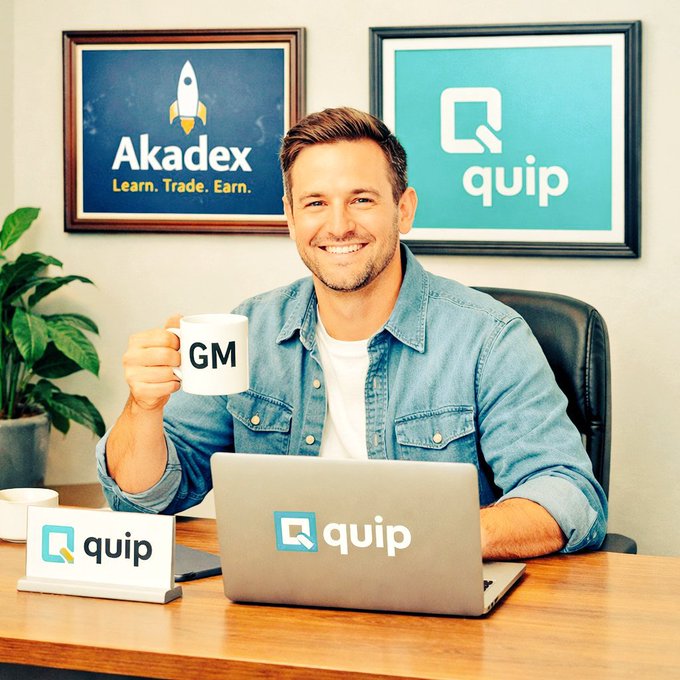 A smiling man in a denim shirt sits at a desk holding a 'GM' mug and a laptop displaying the 'quip' logo, with framed 'Akadex - Learn. Trade. Earn.' and 'quip' signs on the wall behind him.