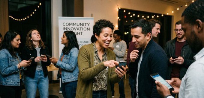 A group of diverse people are seen looking at their phones, with a banner in the background that reads "COMMUNITY INNOVATION NIGHT," suggesting they are engaging with new technologies or information, mirroring the post's urgency about a "Global Financial Reset" and "ISO 20022 shift."