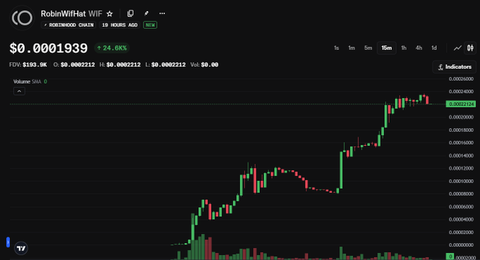 A cryptocurrency price chart for 'RobinWifHat WIF' showing a value of $0.0001939 with a 24.6% increase on Robinhood Chain.