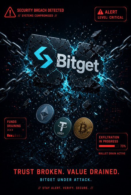 A dark digital warning graphic displays 'Bitget' with the text 'SECURITY BREACH DETECTED', 'ALERT LEVEL: CRITICAL', 'FUNDS DRAINING', 'EXFILTRATION IN PROGRESS 73%', and 'TRUST BROKEN. VALUE DRAINED. BITGET UNDER ATTACK.'