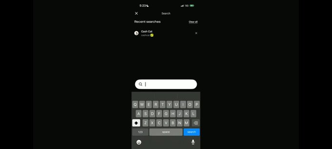 A smartphone screenshot displaying a Twitter/X search interface with "Recent searches" showing "Cash Cat" at 8:01 PM. This appears to support the post's claim about a recent search for $cashcat, though the screenshot does not show an earnings call context.