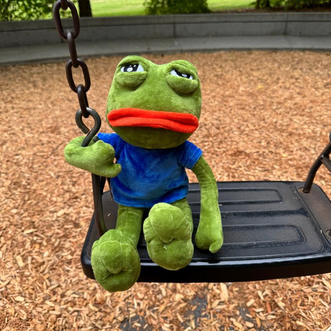A green Pepe the Frog plush toy wearing a blue shirt sits on a swing at a playground, holding onto the chain with a melancholy expression.