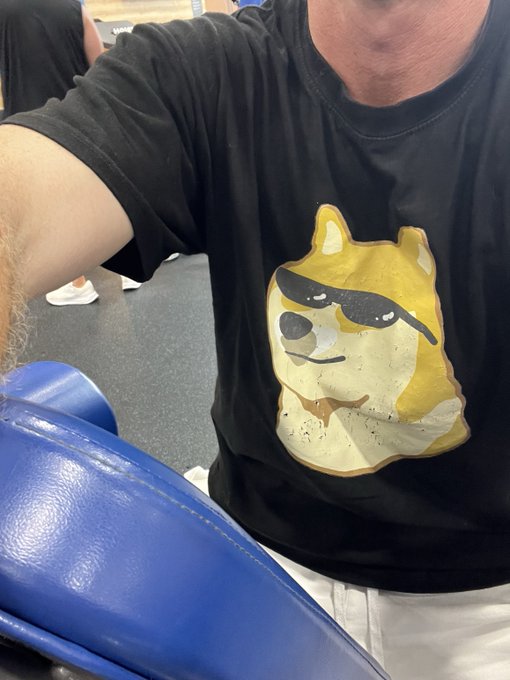 A person wearing a black t-shirt featuring a cartoon Shiba Inu dog wearing sunglasses, sitting on blue stadium seats.