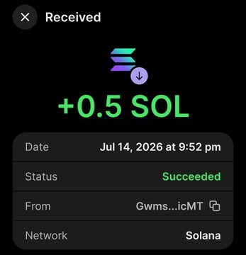 A digital wallet 'Received' notification showing a transfer of '+0.5 SOL' on the Solana network, dated Jul 14, 2026 at 9:52 pm, marked as 'Succeeded'.