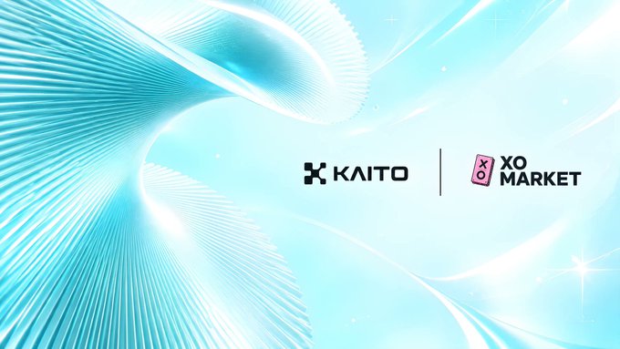 The image displays the logos of "Kaito" and "XO Market" against a sleek, flowing light-blue background, visually reinforcing the announcement of their partnership through a new Katalyst Program that brings prediction markets to YouTube content creators.
