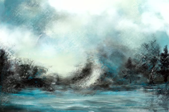An atmospheric impressionistic painting or digital artwork depicting a misty, ethereal landscape with dark trees and a body of water rendered in soft blues, whites, and grays.