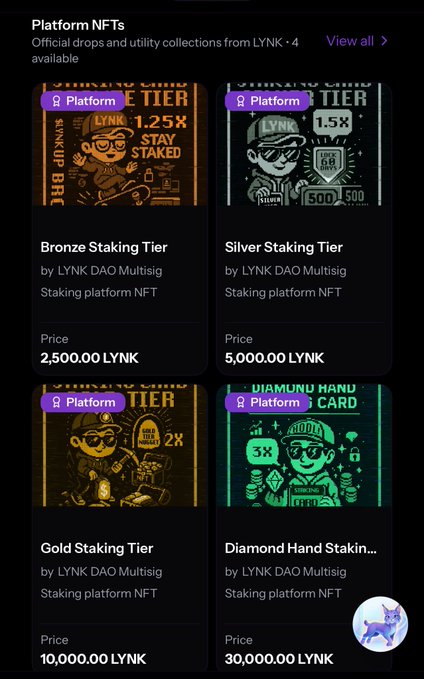 A marketplace page displaying Platform NFTs from LYNK DAO Multisig, showing four staking tiers: Bronze (2,500 LYNK), Silver (5,000 LYNK), Gold (10,000 LYNK), and Diamond Hand (30,000 LYNK).