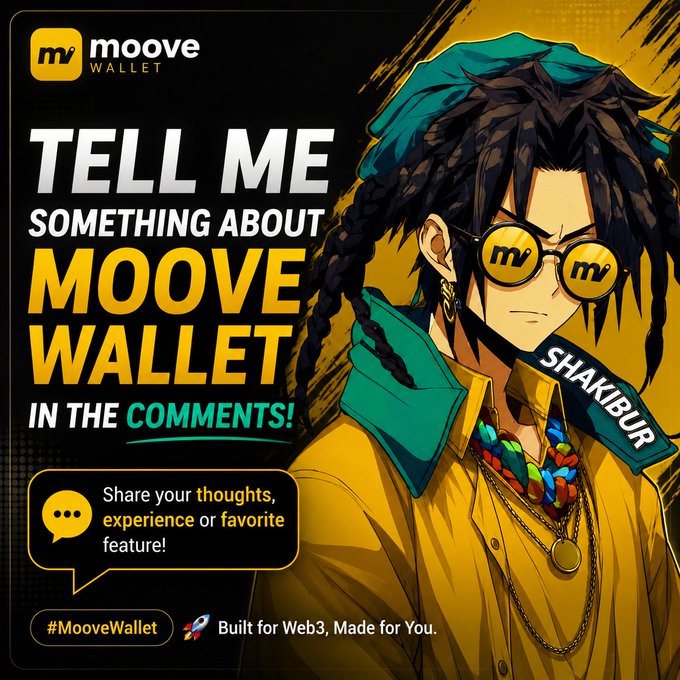 Promotional graphic for Moove Wallet featuring an anime character with braided hair and yellow sunglasses, asking 'TELL ME SOMETHING ABOUT MOOVE WALLET IN THE COMMENTS!'