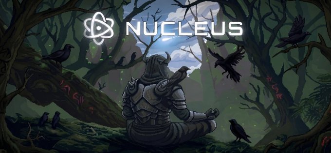 Dark fantasy illustration of a knight in armor sitting in a forest surrounded by crows and ravens, with the 'NUCLEUS' logo at the top.