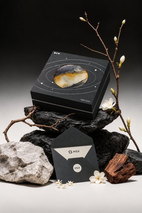 A black MSX-branded jewelry box with a stone-like interior design sits on dark rocks, accompanied by a card and surrounded by magnolia branches and flowers.