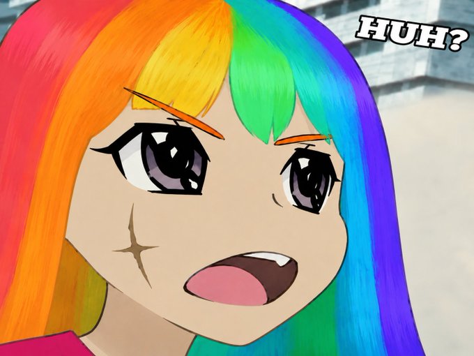 !!!HUH? is written in white text above a cartoon girl with rainbow hair and black eyes, who appears to be surprised or confused.