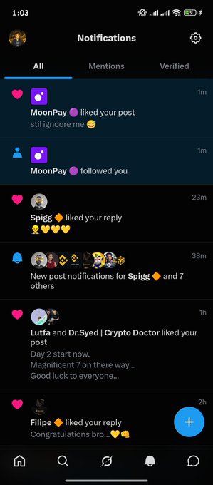 A mobile screenshot of Instagram notifications showing that "MoonPay" recently liked the user's post and followed them, along with other activity from Spigg, Dr.Syed, and Filipe. The image supports the caption by visually confirming that MoonPay followed the user "just now."