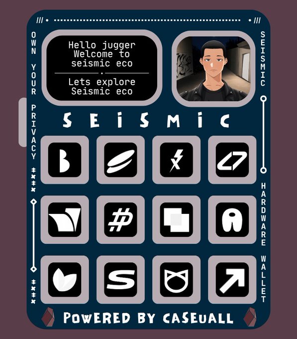 A stylized phone interface titled 'SEISMIC' with a cartoon avatar and the message 'Hello jugger Welcome to seismic eco. Lets explore Seismic eco,' featuring icons and text like 'OWN YOUR PRIVACY,' 'HARDWARE WALLET,' and 'POWERED BY CASEUALL.'
