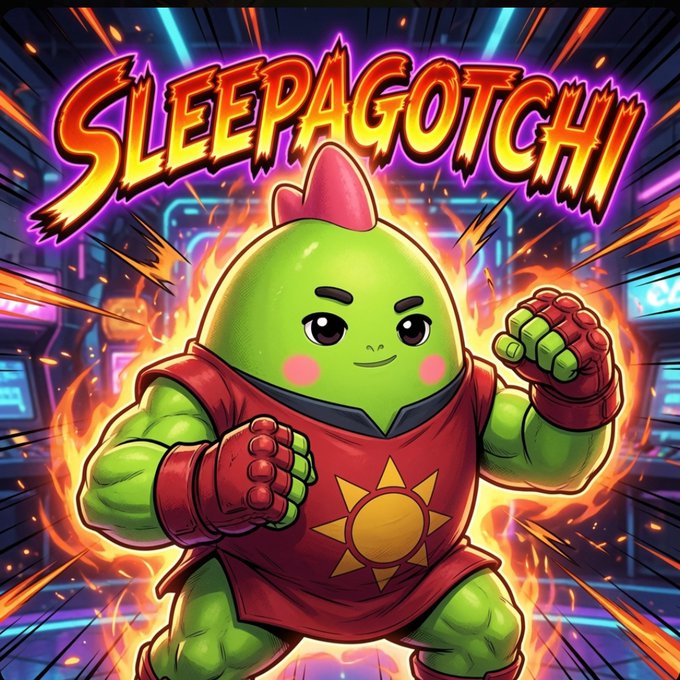 A stylized illustration of a muscular green cartoon character wearing red fighting gear with a sun emblem, set against a fiery background with the text 'SLEEPAGOTCHI'.