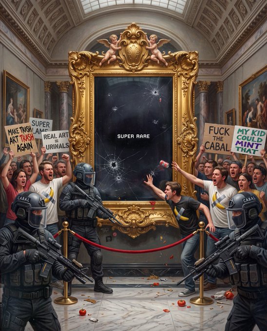 The image portrays a chaotic situation in a luxury setting where a crowd provocatively dismisses the value of a high-priced digital art piece by claiming, "My kid could mint trash." It suggests a critique of the digital art market's volatility and the sometimes nonsensical valuation of digital assets. The accompanying post, referencing "CyberKongz" and "$DUMP," possibly alludes to the depicted event, perhaps as a satirical or political statement about the speculation in non-fungible tokens (NFTs) like those in the CyberKongz collection, which have seen their value fluctuate wildly.