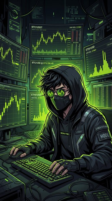 A digital illustration of a hooded figure with glowing green sunglasses typing at a keyboard, surrounded by multiple monitors displaying cryptocurrency charts labeled 'BTC/USDT' and 'ETH/USD'.