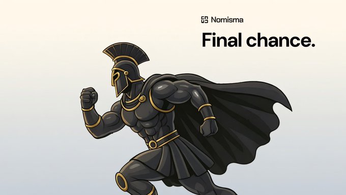 An illustration of a muscular Spartan warrior in black and gold armor running, with the text 'Nomisma - Final chance.' in the upper right.