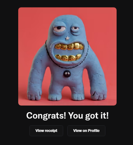 A blue cartoon monster figure with gold teeth grins against a red background, displayed above the text "Congrats! You got it!" with buttons to "View receipt" and "View on Profile." The image serves as a mint confirmation for a t00ns NFT acquired during the GTD (Guaranteed) phase, celebrating the successful purchase referenced in the post.