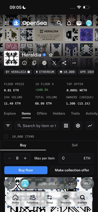 The image shows a phone screen with a list of items for sale at an auction site called "OpenSea", including a painting by the artist Heroldia. The auction price for this artwork is 0.01 ETH, which is lower than Mint Price. The auction has already reached its limit and is still open to bidding. The post also mentions that the auction was started on April 20th, 2021 at 2:00 pm.
