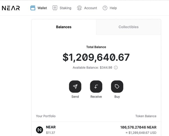 A NEAR wallet interface showing a total balance of $1,209,640.67 with 106,576.27046 NEAR tokens and an available balance of $344.90.