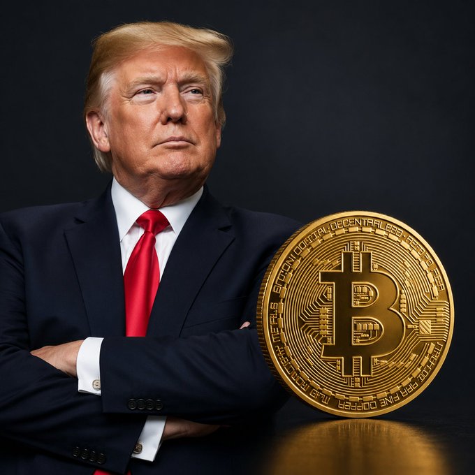Donald Trump stands beside a large gold Bitcoin coin, visually representing the post's claims about his cryptocurrency ventures. The large gold coin prominently displays the Bitcoin logo and inscriptions mentioning "DIGITAL DECENTRALIZED".
