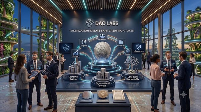 A futuristic DAO Labs showroom displays the central message "TOKENIZATION IS MORE THAN CREATING A TOKEN," featuring a glowing "DA" emblem surrounded by pillars labeled Purpose, Endpoints, Incentives, Strategy, Purpose, Infrastructure, Economic System, Organizational System, and Long-Term Sustainability, while business professionals examine the exhibit. The image visually reinforces the post's argument by contrasting the elaborate institutional frameworks needed around a token with the simplistic notion of merely "adding another token," highlighting that successful tokenization requires building sustainable operational systems rather than just issuing digital assets.