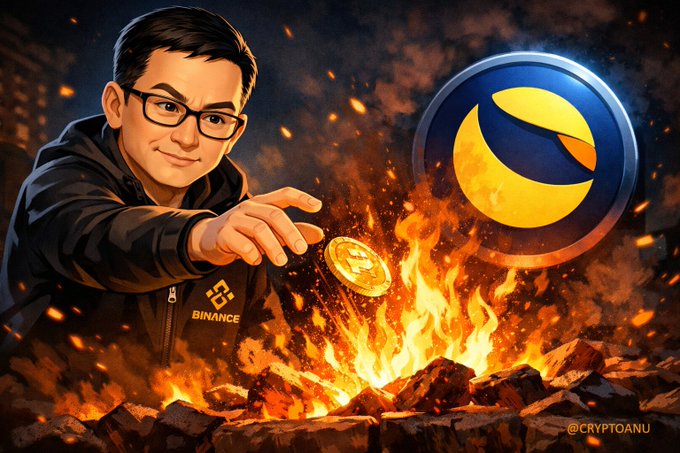 A stylized digital illustration of CZ (Changpeng Zhao), founder of Binance, depicted reaching toward a gold Binance coin amid a fiery scene with the Binance logo, watermarked '@CRYPTOANU'.