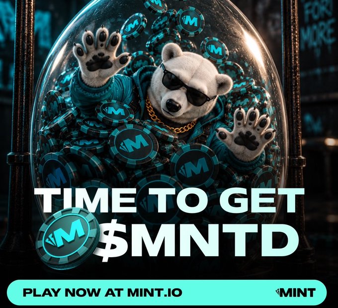 A cool bear wearing sunglasses is trapped inside a giant poker chip, surrounded by "$M" branded chips. The text reads "TIME TO GET $MNTD" with a "PLAY NOW AT MINT.IO" call-to-action, promoting the MINT platform's tiered staking system referenced in the post.
