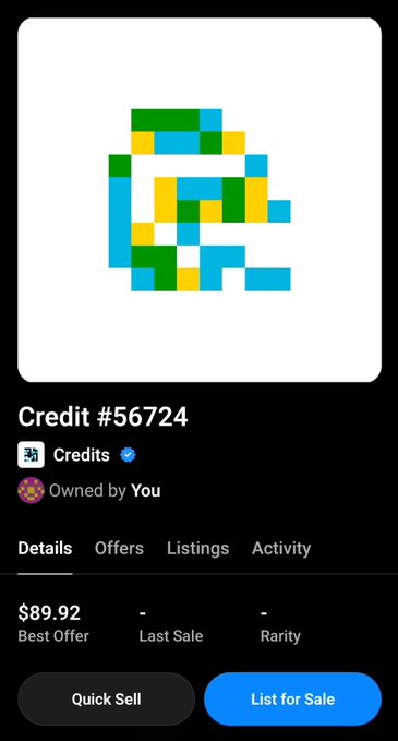 NFT marketplace listing for 'Credit #56724' showing a pixelated blue and green 'C' logo with a best offer price of $89.92 and Quick Sell/List for Sale buttons.