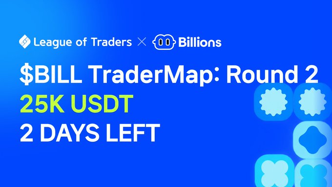Promotional banner for League of Traders × Billions announcing “$BILL TraderMap: Round 2,” with “25K USDT” prizes and “2 DAYS LEFT.” It reinforces the post’s message that only 48 hours remain for the $BILL Trader Map leaderboard competition.