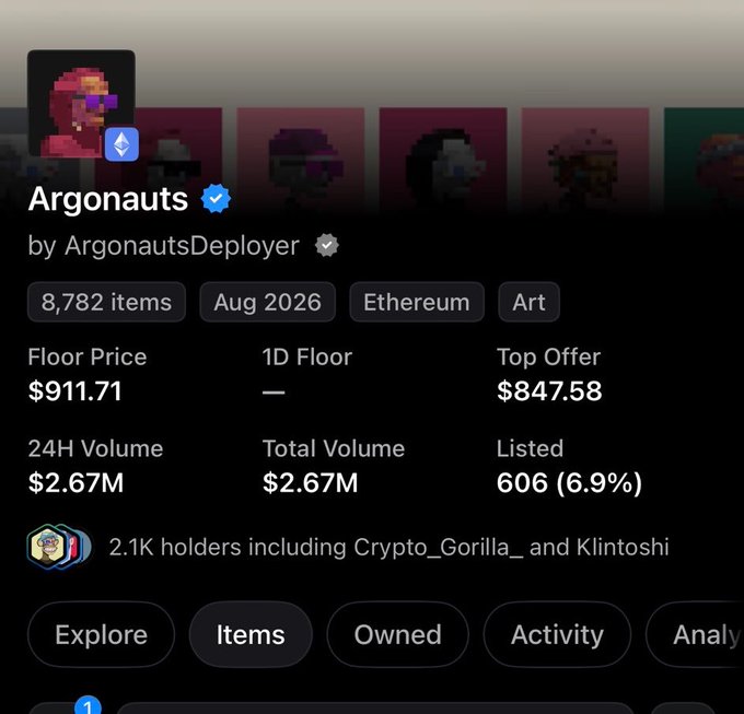 An NFT collection profile for "Argonauts" on Ethereum, showing 8,782 items with a floor price of $911.71 and $2.67M in 24-hour trading volume. The impressive trading volume displayed directly supports the post's claim of "3M volume in less than 24 hours," highlighting the collection's strong market activity.