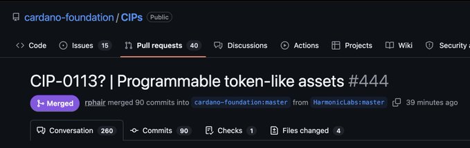 A GitHub pull request page from cardano-foundation/CIPs showing CIP-0113? | Programmable token-like assets #444, marked as Merged 39 minutes ago.