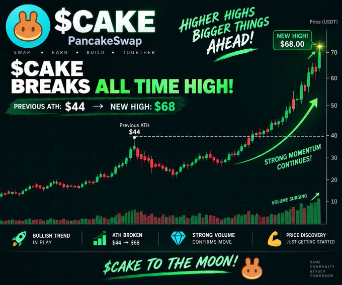 A bullish cryptocurrency price chart graphic for $CAKE (PancakeSwap), highlighting that it "BREAKS ALL TIME HIGH!" from a previous ATH of $44 to a new high of $68, with annotations like "STRONG MOMENTUM CONTINUES!" and "$CAKE TO THE MOON!".