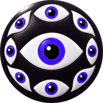 A black circular ornament or bead features multiple blue and white evil eye designs arranged in a pattern.
