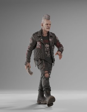 A 3D rendered character of an older man with gray hair, wearing a punk-style leather jacket covered in patches and chains, walking against a gray background.