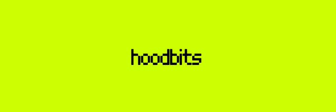 The image features the word "hoodbits" displayed in pixelated black text against a bright lime-green background. It serves as a promotional banner for Hoodbits, the account mentioned in the accompanying tweet announcing a 20-spot guaranteed whitelist giveaway.