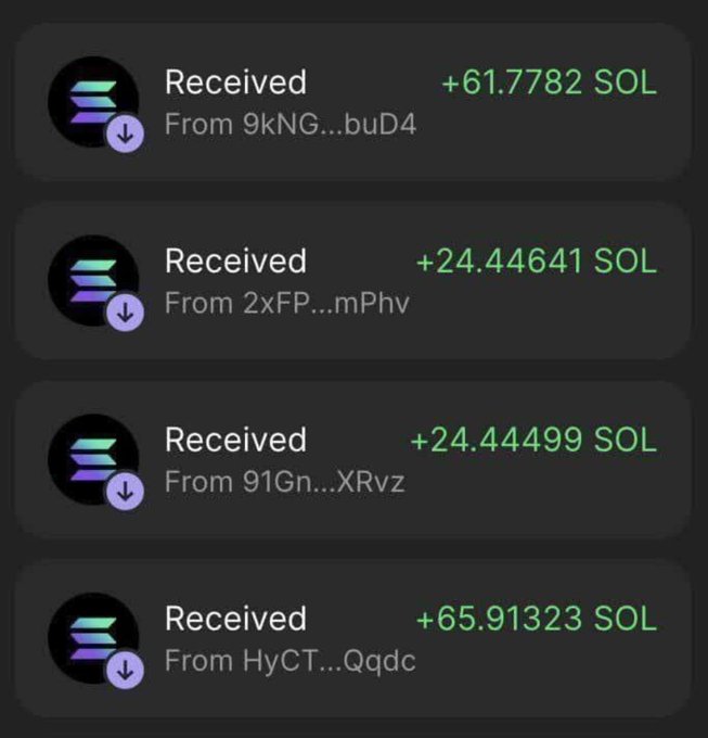 A screenshot showing four 'Received' transactions of SOL (Solana) cryptocurrency, with amounts of +61.7782, +24.44641, +24.44499, and +65.91323 SOL from various anonymous senders.